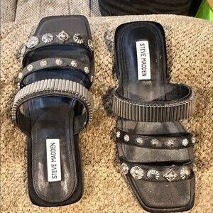 Steve Madden Black Embellished Multi-Strap Slide Mules